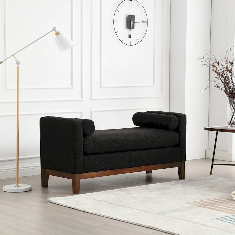 53.5W Elegant Upholstered Bench, Ottoman with Wood Legs & Bolster Pillows for End of Bed, Bedroom, Living Room, Entryway