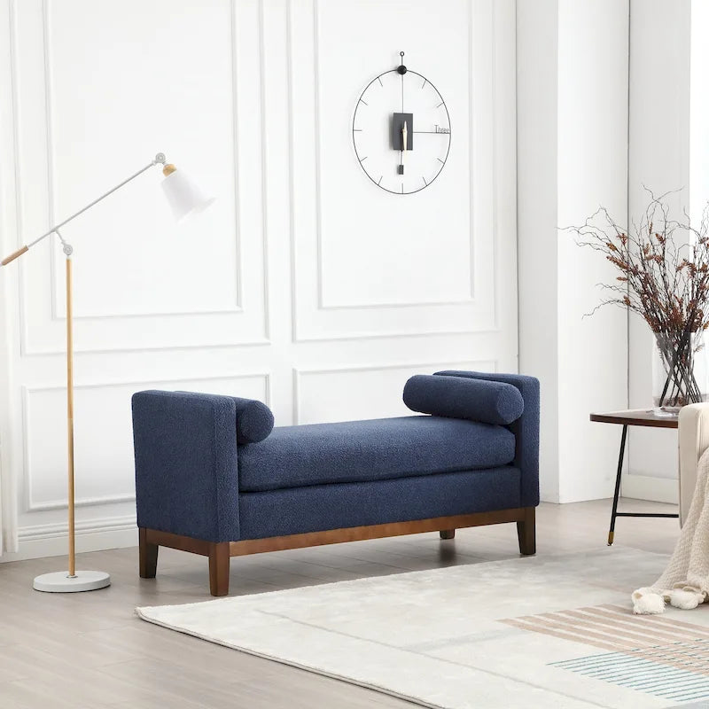 53.5W Elegant Upholstered Bench, Ottoman with Wood Legs & Bolster Pillows for End of Bed, Bedroom, Living Room, Entryway