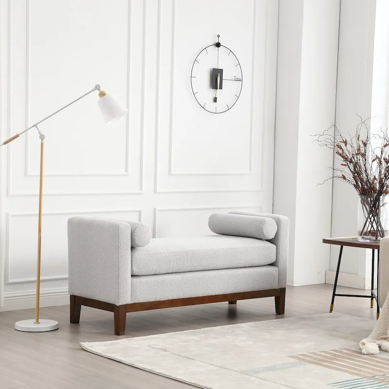 53.5W Elegant Upholstered Bench, Ottoman with Wood Legs & Bolster Pillows for End of Bed, Bedroom, Living Room, Entryway