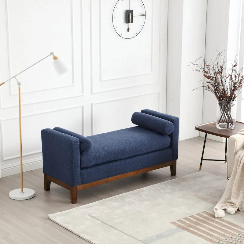 53.5W Elegant Upholstered Bench, Ottoman with Wood Legs & Bolster Pillows for End of Bed, Bedroom, Living Room, Entryway
