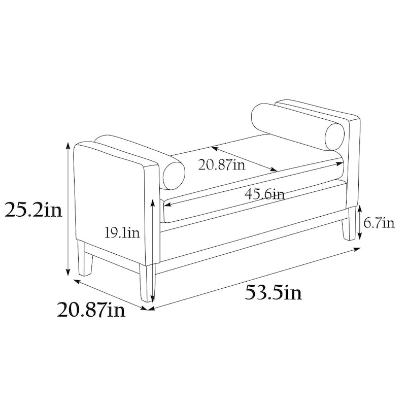 53.5W Elegant Upholstered Bench, Ottoman with Wood Legs & Bolster Pillows for End of Bed, Bedroom, Living Room, Entryway