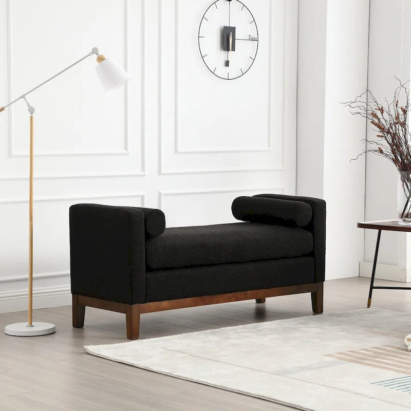 53.5W Elegant Upholstered Bench, Ottoman with Wood Legs & Bolster Pillows for End of Bed, Bedroom, Living Room, Entryway