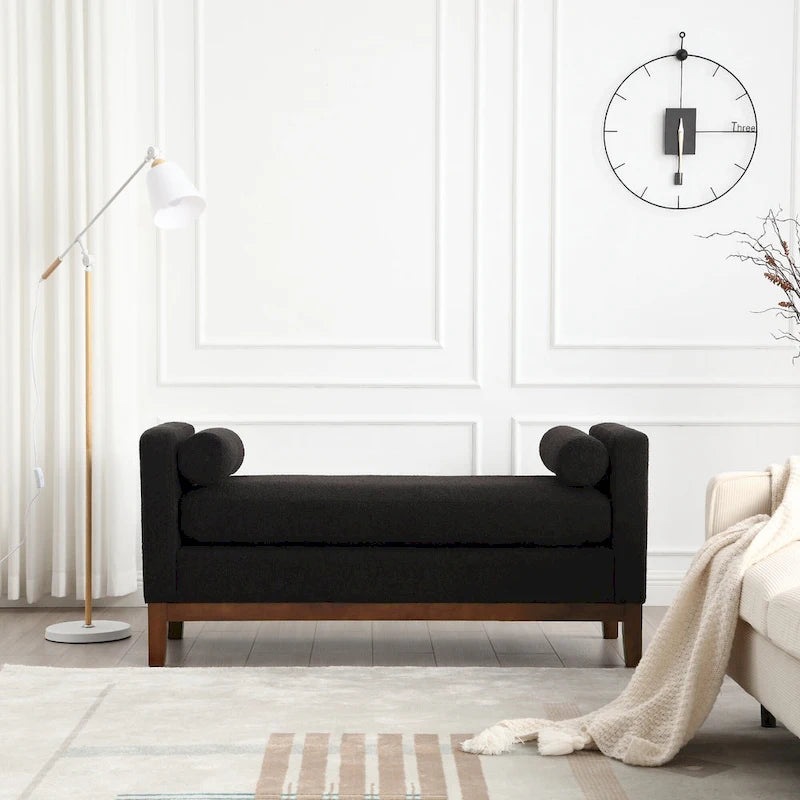 53.5W Elegant Upholstered Bench, Ottoman with Wood Legs & Bolster Pillows for End of Bed, Bedroom, Living Room, Entryway