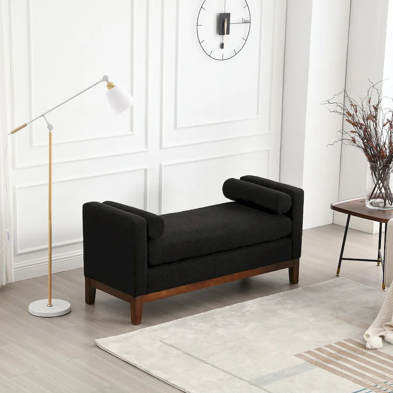 53.5W Elegant Upholstered Bench, Ottoman with Wood Legs & Bolster Pillows for End of Bed, Bedroom, Living Room, Entryway