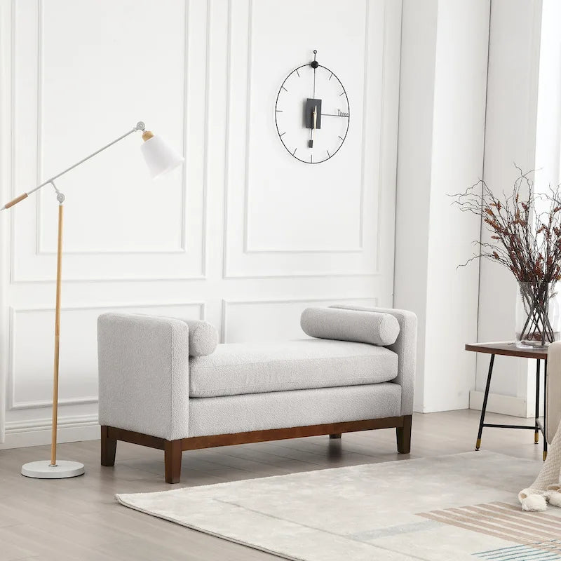 53.5W Elegant Upholstered Bench, Ottoman with Wood Legs & Bolster Pillows for End of Bed, Bedroom, Living Room, Entryway