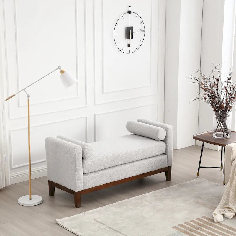 53.5W Elegant Upholstered Bench, Ottoman with Wood Legs & Bolster Pillows for End of Bed, Bedroom, Living Room, Entryway