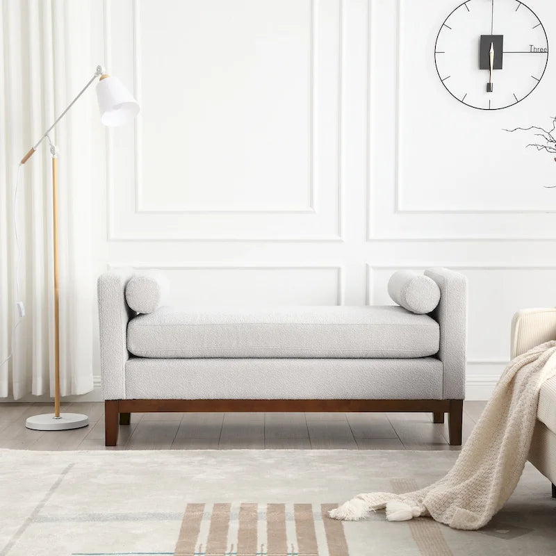 53.5W Elegant Upholstered Bench, Ottoman with Wood Legs & Bolster Pillows for End of Bed, Bedroom, Living Room, Entryway