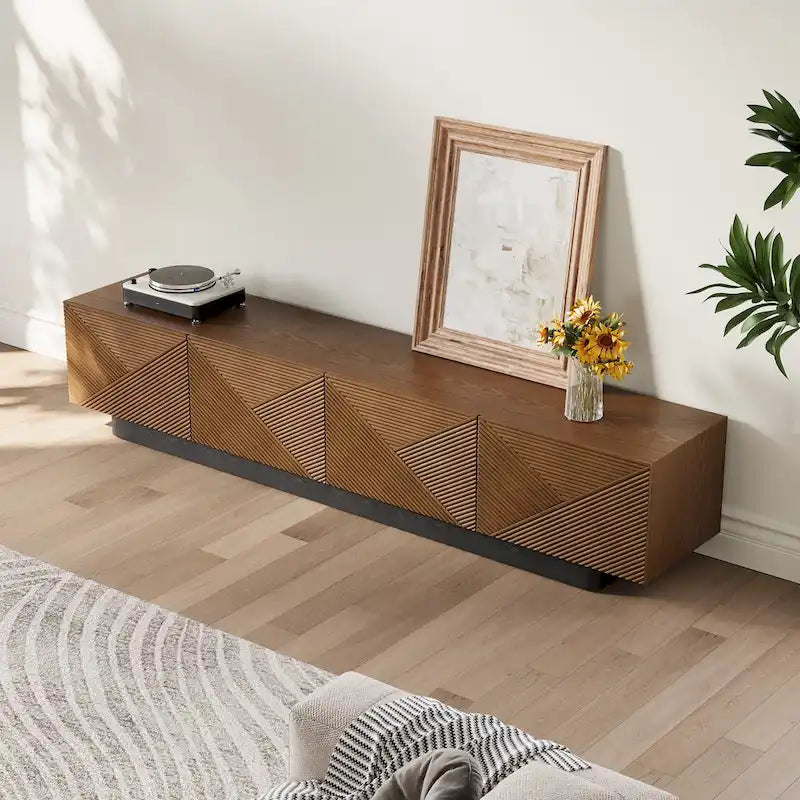 78.74 Mid Century Modern TV Stands, with Brown Solid Wood Veneer, Media Consoler with 4 Cabinets
