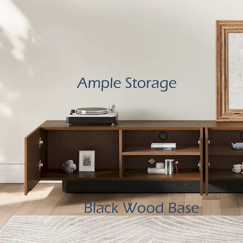 78.74 Mid Century Modern TV Stands, with Brown Solid Wood Veneer, Media Consoler with 4 Cabinets