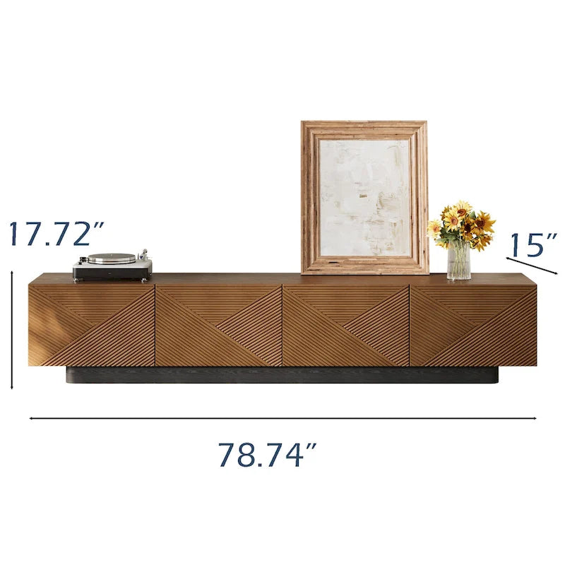 78.74 Mid Century Modern TV Stands, with Brown Solid Wood Veneer, Media Consoler with 4 Cabinets