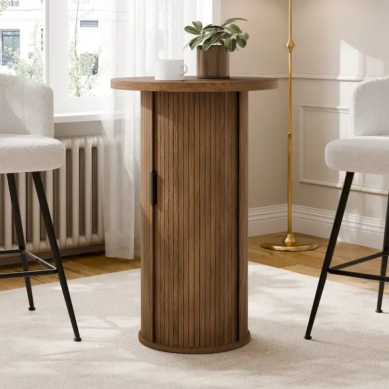 Small Tambour Dining Table with Three-Layer Storage Shelf, 36 Tall Round Bar Table - N/A