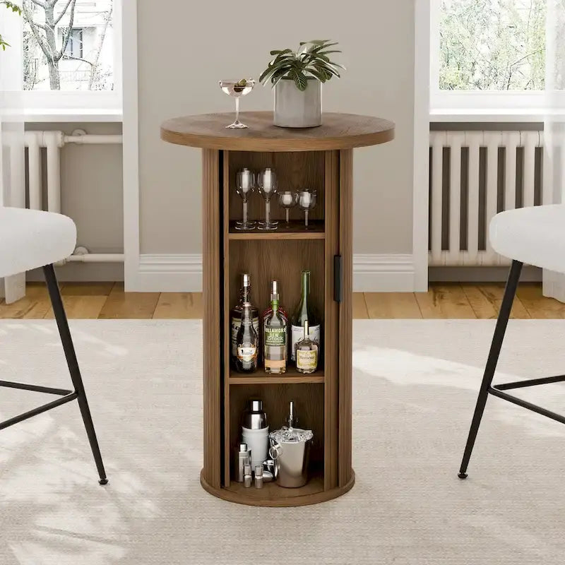 Small Tambour Dining Table with Three-Layer Storage Shelf, 36 Tall Round Bar Table - N/A