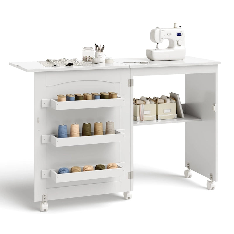 White Folding Sewing Craft Table with Storage Shelves Cabinet - See details