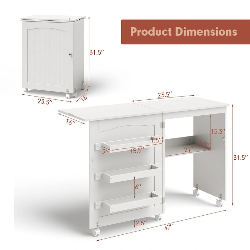 White Folding Sewing Craft Table with Storage Shelves Cabinet - See details