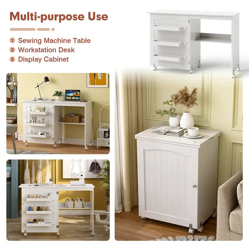 White Folding Sewing Craft Table with Storage Shelves Cabinet - See details