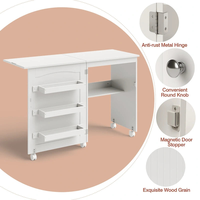 White Folding Sewing Craft Table with Storage Shelves Cabinet - See details