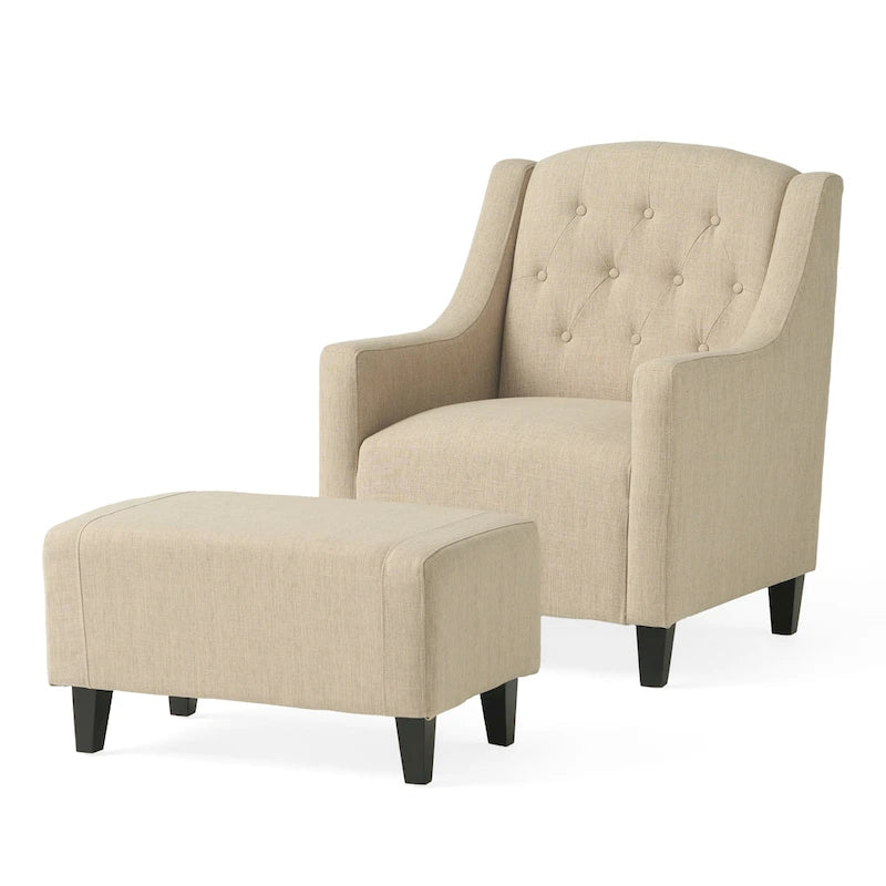 Light Beige Tufted Fabric Club Chair with Ottoman by