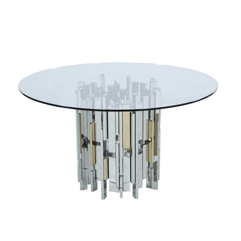 Contemporary Round Glass Table with Steel & Golden Cluster Design Base