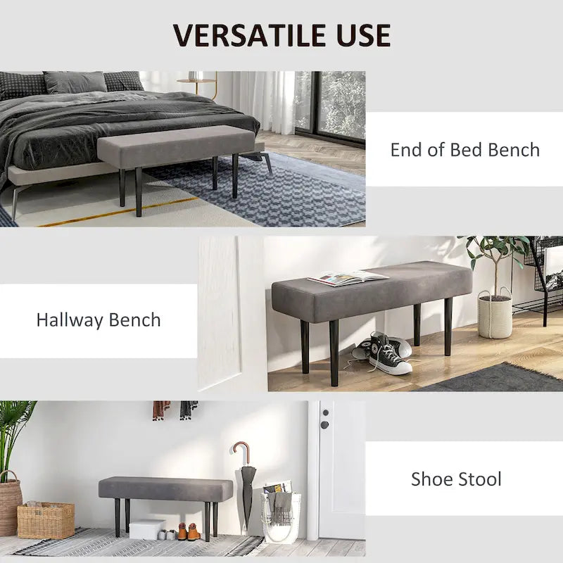 39 End of Bed Bench, Upholstered Entryway Bench with Steel Legs, Bedroom Bench, Gray