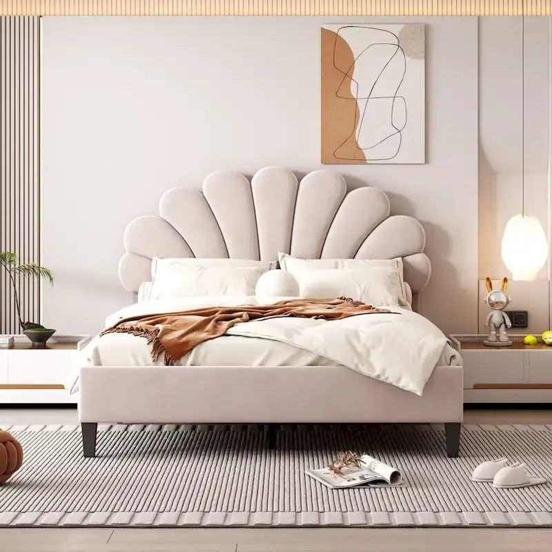 Upholstered Platform Bed with Flower Pattern Velvet Headboard