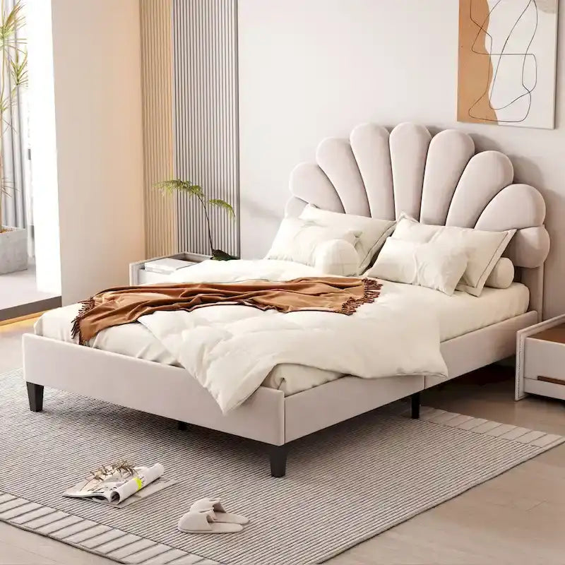 Upholstered Platform Bed with Flower Pattern Velvet Headboard