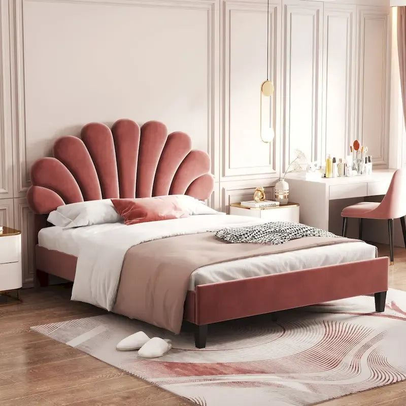 Upholstered Platform Bed with Flower Pattern Velvet Headboard