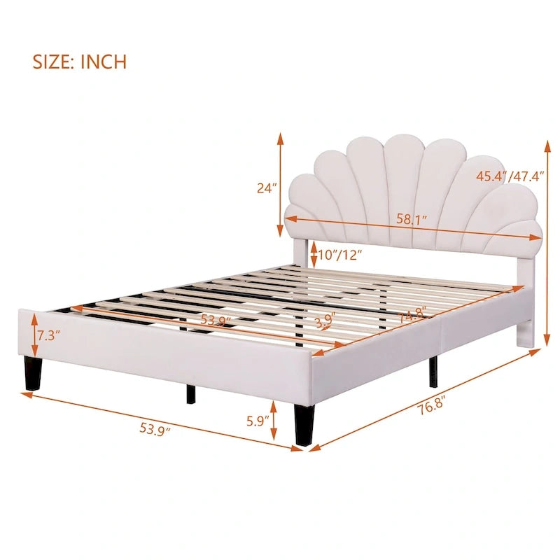 Upholstered Platform Bed with Flower Pattern Velvet Headboard