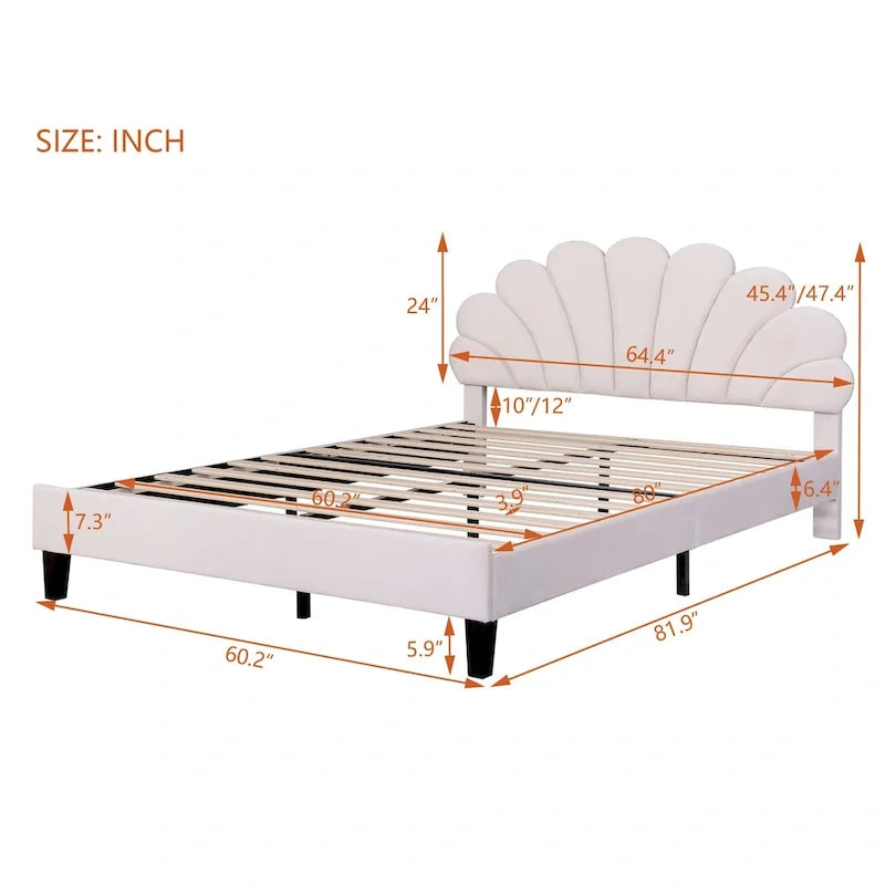 Upholstered Platform Bed with Flower Pattern Velvet Headboard