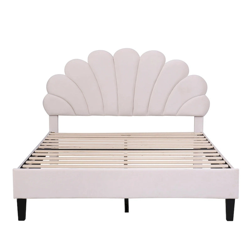 Upholstered Platform Bed with Flower Pattern Velvet Headboard