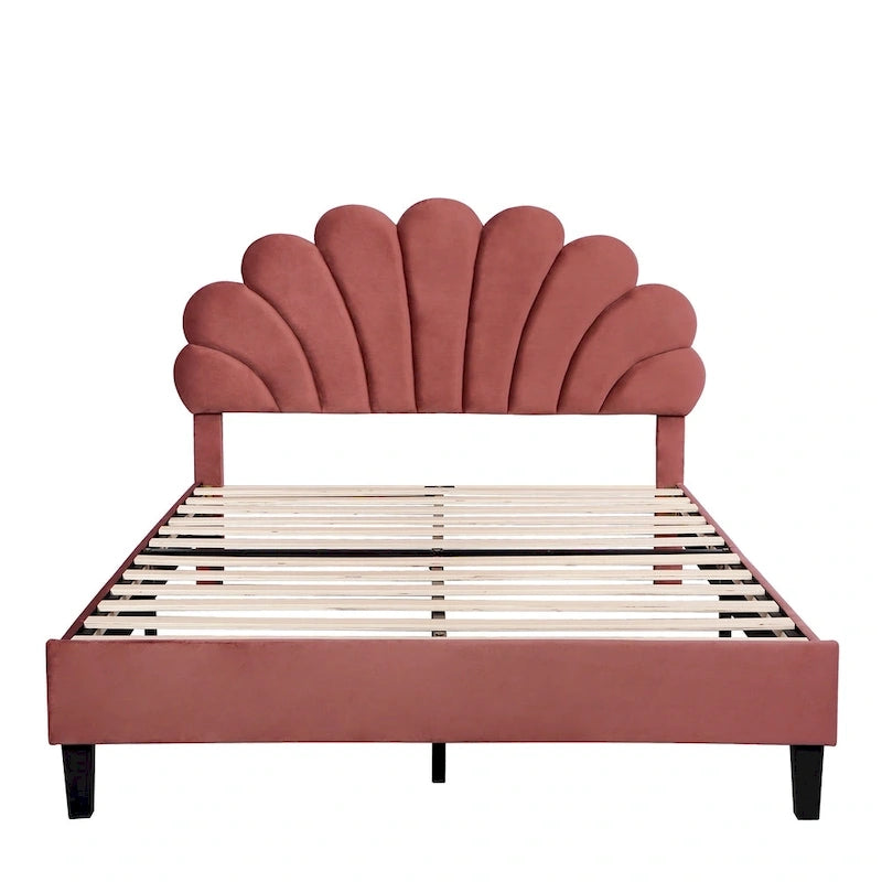 Upholstered Platform Bed with Flower Pattern Velvet Headboard