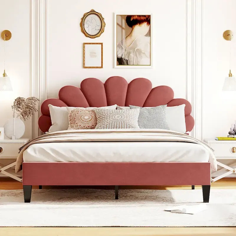 Upholstered Platform Bed with Flower Pattern Velvet Headboard