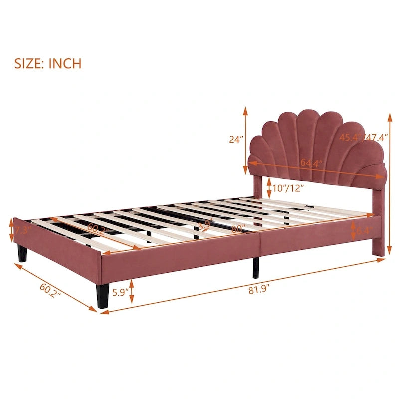 Upholstered Platform Bed with Flower Pattern Velvet Headboard