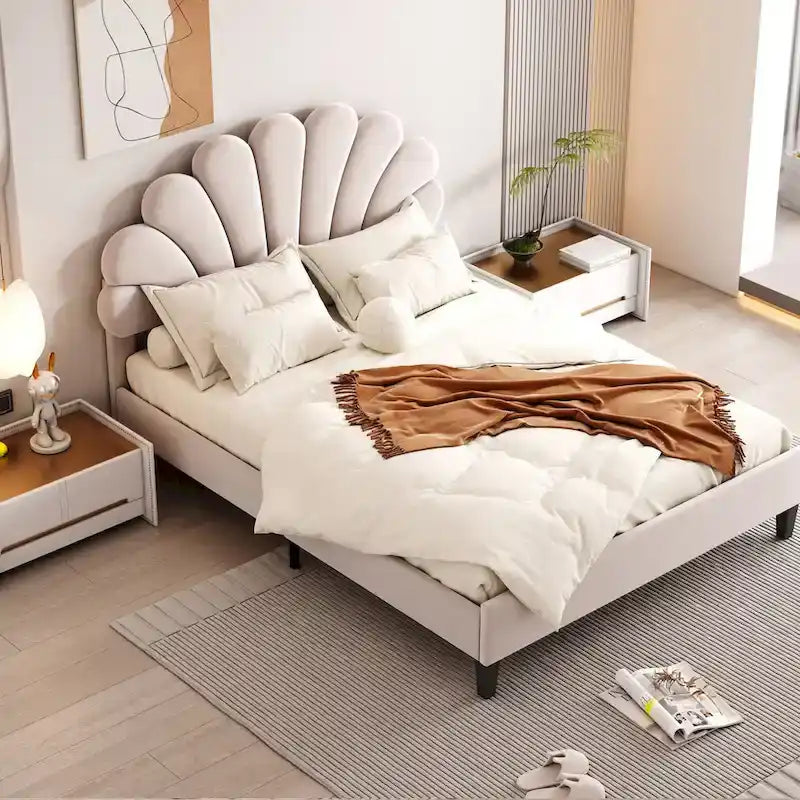 Upholstered Platform Bed with Flower Pattern Velvet Headboard