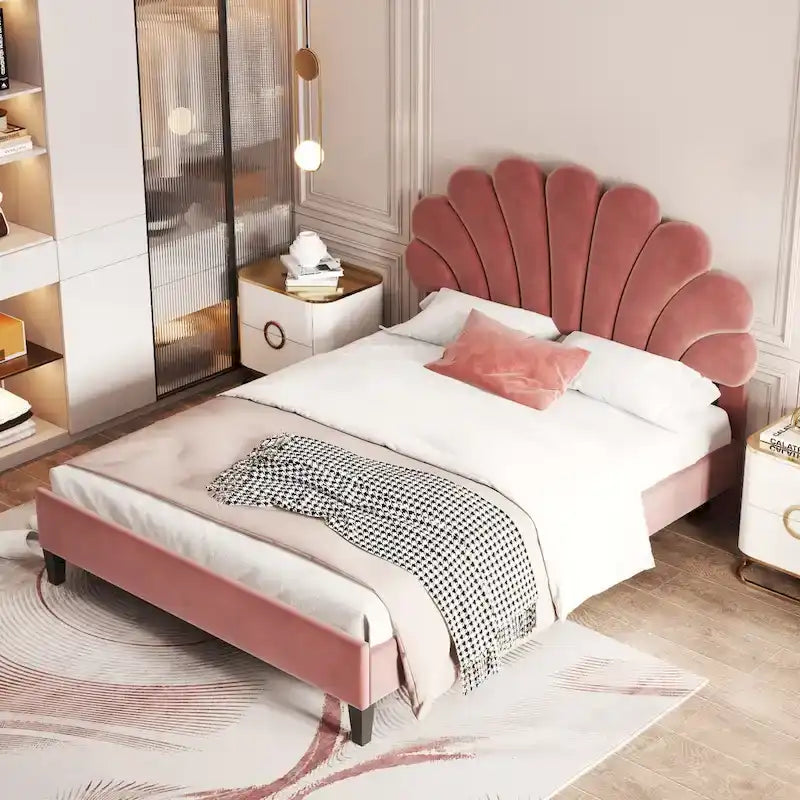 Upholstered Platform Bed with Flower Pattern Velvet Headboard