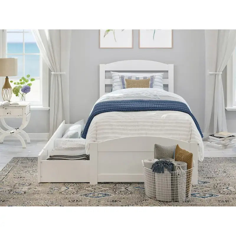 Letto con struttura a piattaforma, pediera e 2 cassetti portaoggetti