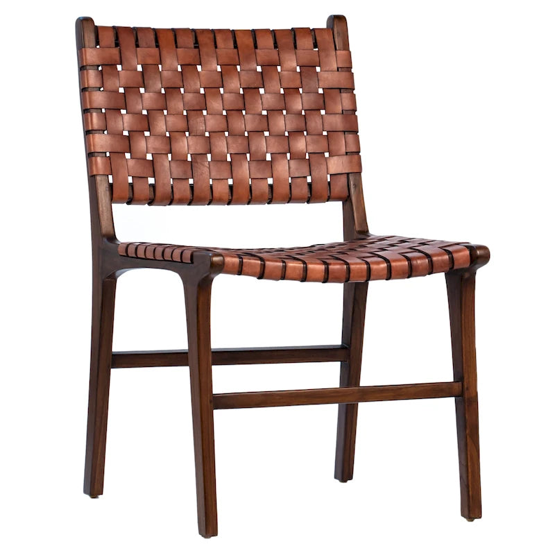 Top Grain Woven Leather with Teak Frame Dining Side Chair