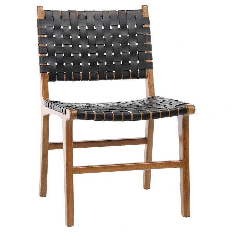 Top Grain Woven Leather with Teak Frame Dining Side Chair