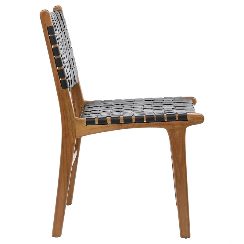 Top Grain Woven Leather with Teak Frame Dining Side Chair