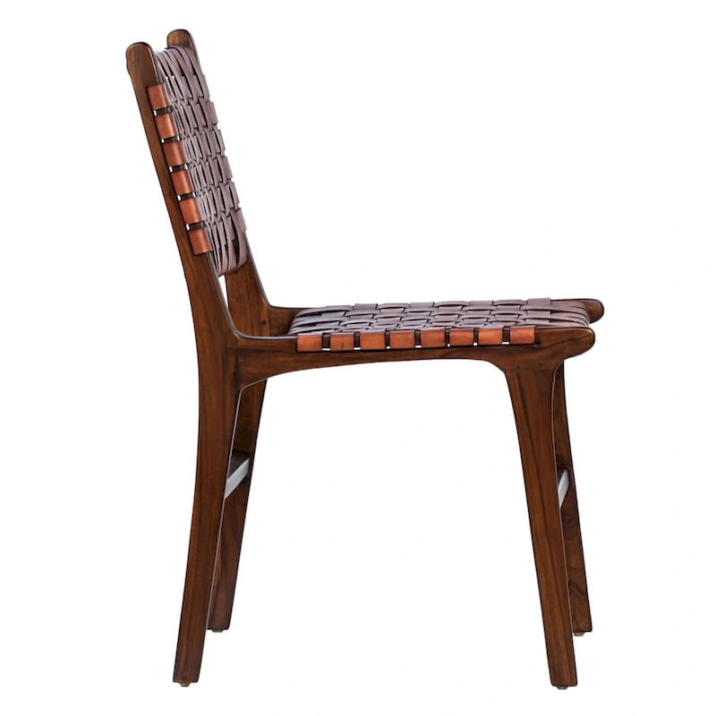 Top Grain Woven Leather with Teak Frame Dining Side Chair