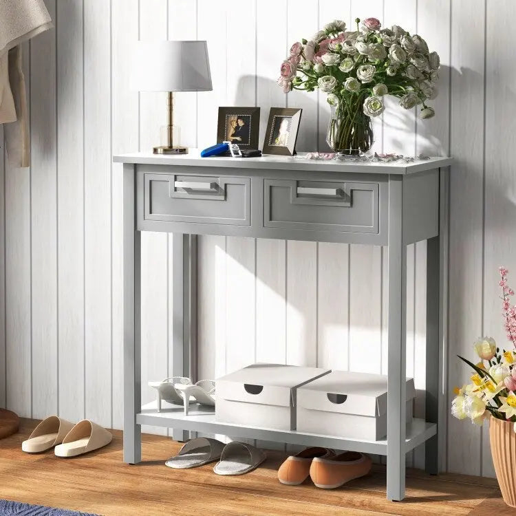 Tavolo consolle stretto con cassetti e ripiano portaoggetti aperto - 31.5L x 14W x 32H