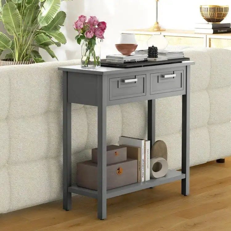 Tavolo consolle stretto con cassetti e ripiano portaoggetti aperto - 31.5L x 14W x 32H