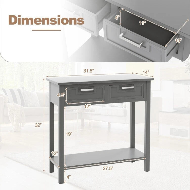 Tavolo consolle stretto con cassetti e ripiano portaoggetti aperto - 31.5L x 14W x 32H