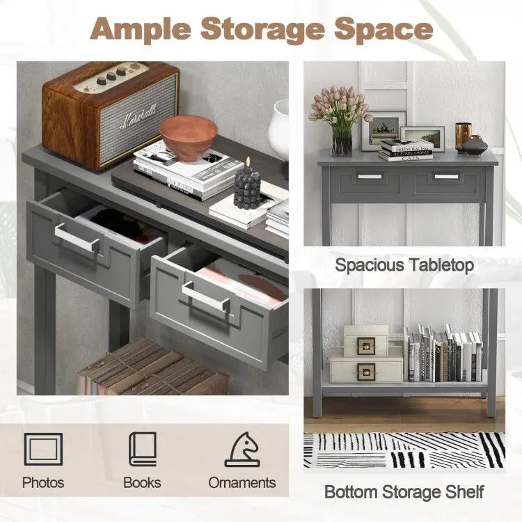 Tavolo consolle stretto con cassetti e ripiano portaoggetti aperto - 31.5L x 14W x 32H