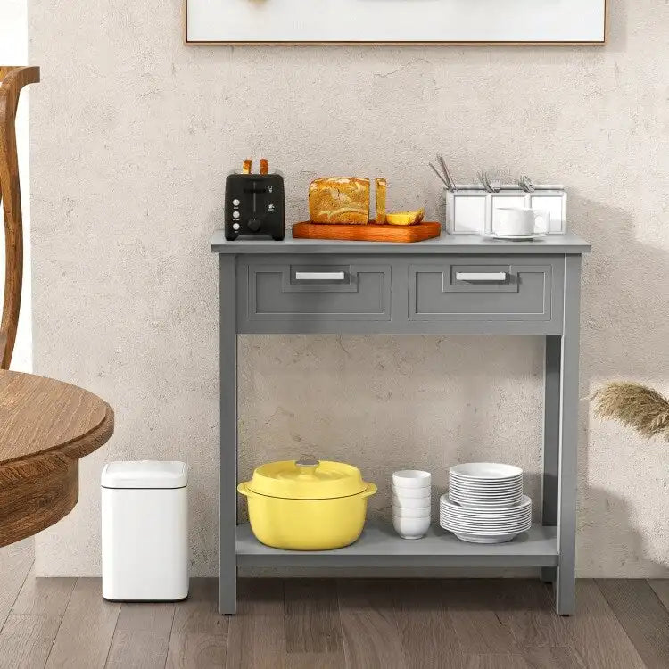 Tavolo consolle stretto con cassetti e ripiano portaoggetti aperto - 31.5L x 14W x 32H