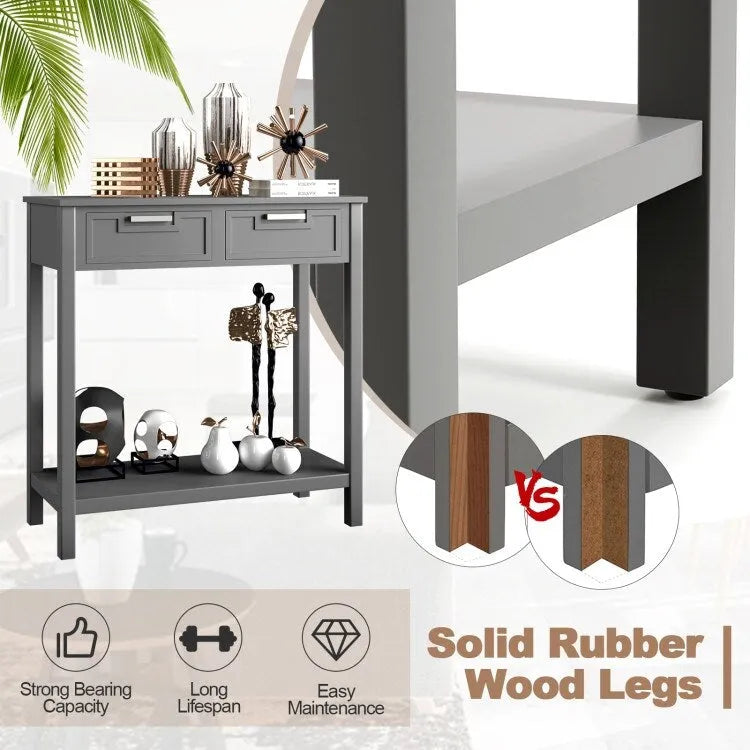 Tavolo consolle stretto con cassetti e ripiano portaoggetti aperto - 31.5L x 14W x 32H