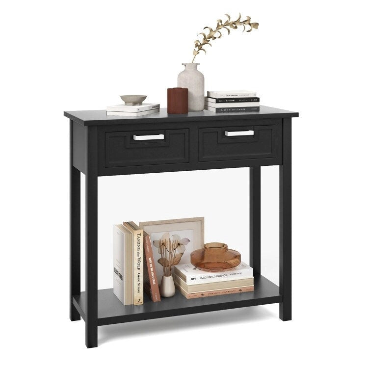 Tavolo consolle stretto con cassetti e ripiano portaoggetti aperto - 31.5L x 14W x 32H