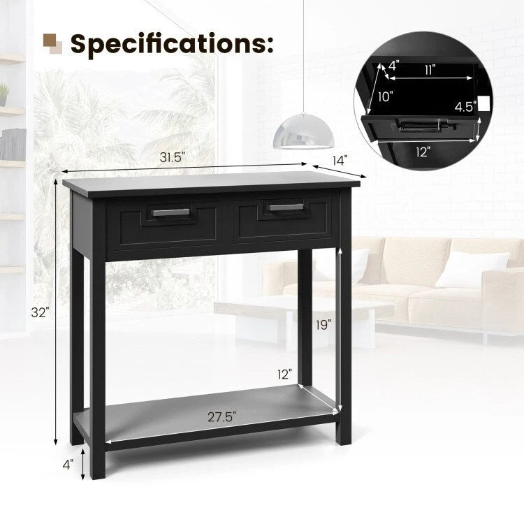 Tavolo consolle stretto con cassetti e ripiano portaoggetti aperto - 31.5L x 14W x 32H