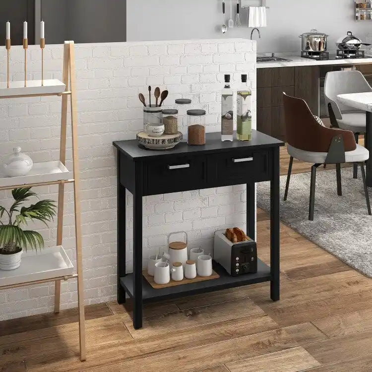 Tavolo consolle stretto con cassetti e ripiano portaoggetti aperto - 31.5L x 14W x 32H