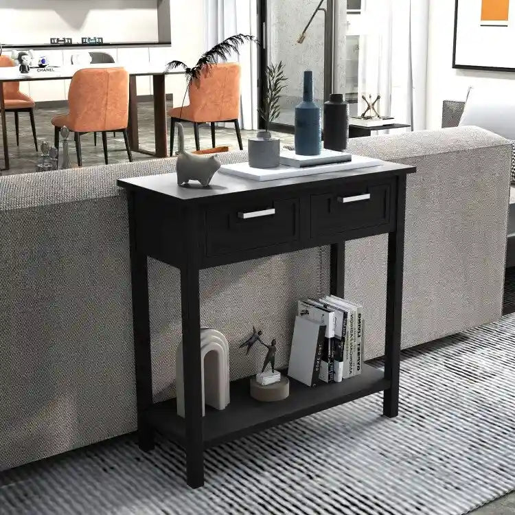 Tavolo consolle stretto con cassetti e ripiano portaoggetti aperto - 31.5L x 14W x 32H