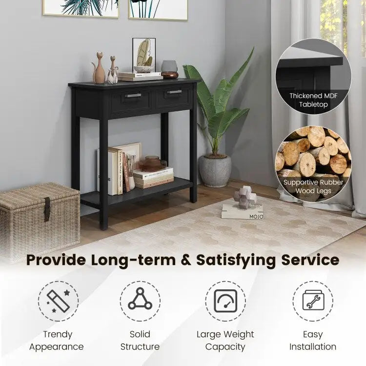 Tavolo consolle stretto con cassetti e ripiano portaoggetti aperto - 31.5L x 14W x 32H